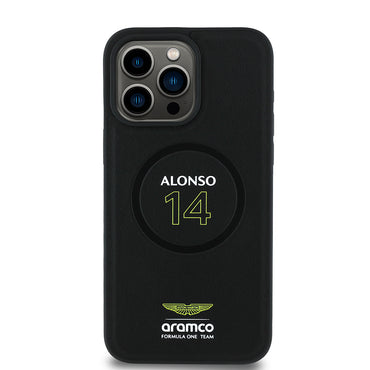 Apple iPhone 15 Pro Max Kılıf Aston Martin Orjinal Lisanslı M-safe Şarj Özellikli PU Deri Alonso 14 Baskılı Kapak