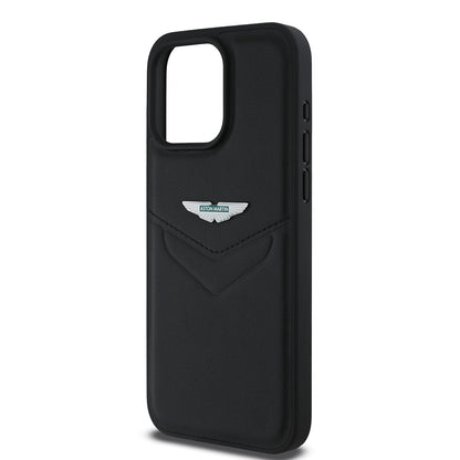 Apple iPhone 15 Pro Max Kılıf Aston Martin Orjinal Lisanslı Victory Dizayn PU Deri Metal Logolu Kapak Siyah
