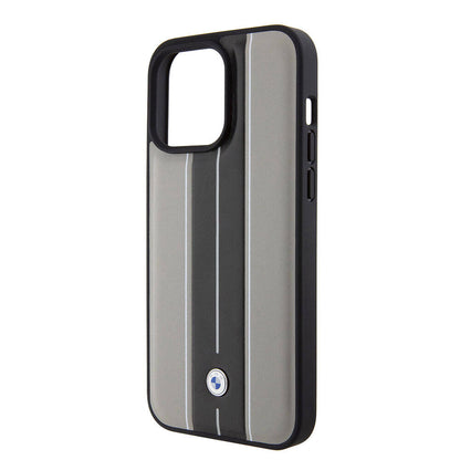 Apple iPhone 15 Pro Kılıf BMW Orjinal Lisanslı Deri Arka Yüzey Metal Logolu Çift Şerit Tasarımlı Kapak Krem