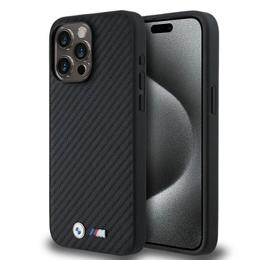 Apple iPhone 15 Pro Max Kılıf BMW Orjinal Lisanslı Karbon Fiber Tasarımlı ve Metal Logolu PU Deri Kapak Siyah