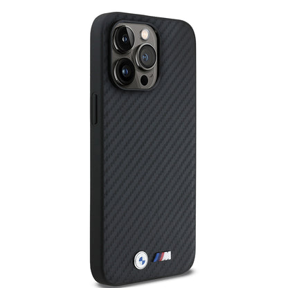 Apple iPhone 15 Pro Max Kılıf BMW Orjinal Lisanslı Karbon Fiber Tasarımlı ve Metal Logolu PU Deri Kapak Siyah