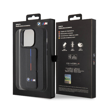Apple iPhone 15 Pro Max Kılıf BMW Orjinal Lisanslı M Şerit ve Logolu Standlı Kapak Siyah