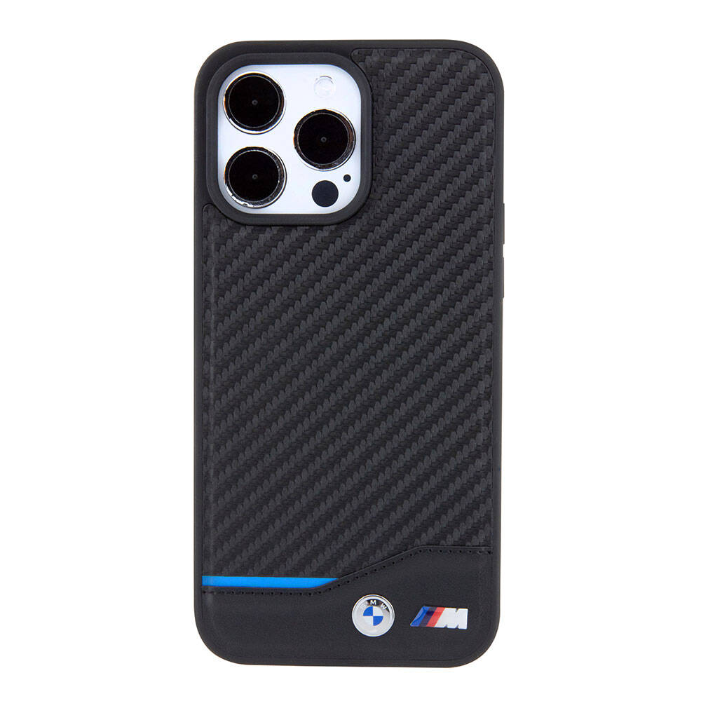 Apple iPhone 15 Pro Max Kılıf BMW Orjinal Lisanslı M-safe Şarj Özellikli M Logolu PU Karbon Kapak Siyah