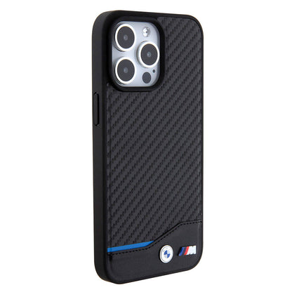 Apple iPhone 15 Pro Max Kılıf BMW Orjinal Lisanslı M-safe Şarj Özellikli M Logolu PU Karbon Kapak Siyah