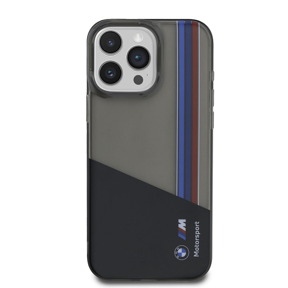 Apple iPhone 15 Pro Max Kılıf BMW Orjinal Lisanslı Yarı Transparan M Dizayn Çizgili Kapak Siyah