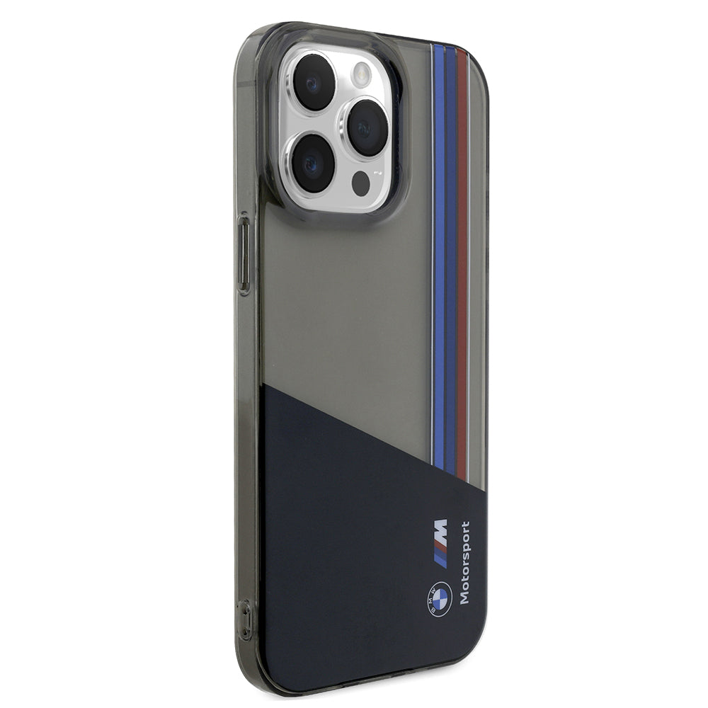 Apple iPhone 15 Pro Max Kılıf BMW Orjinal Lisanslı Yarı Transparan M Dizayn Çizgili Kapak Siyah