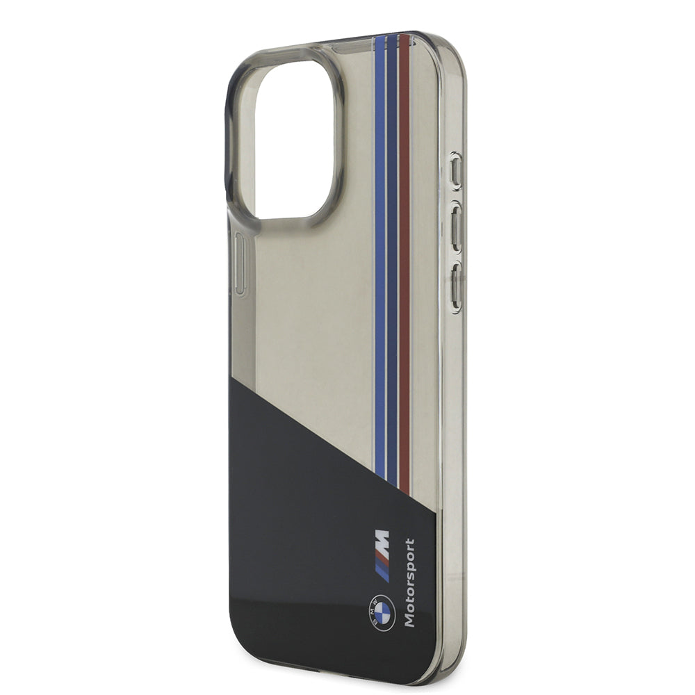 Apple iPhone 15 Pro Max Kılıf BMW Orjinal Lisanslı Yarı Transparan M Dizayn Çizgili Kapak Siyah