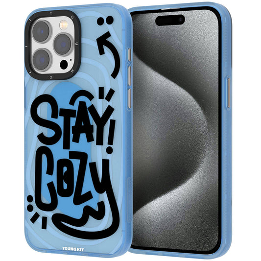 Apple iPhone 15 Pro Max Case Patterned Youngkit Happy Hearth Series Cover Blue 