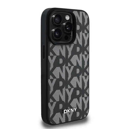 Apple iPhone 15 Pro Max Kılıf DKNY Orjinal Lisanslı M-safe Şarj Özellikli 3D Yazılı Grid Pattern Kapak Gri
