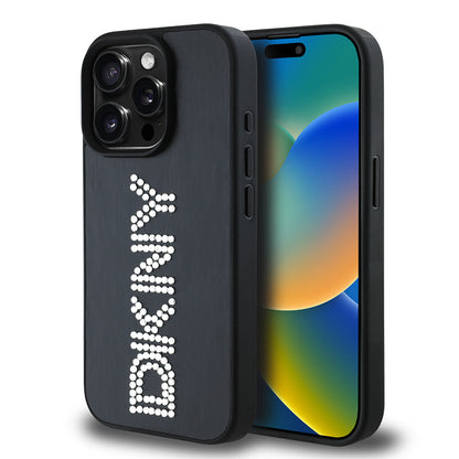Apple iPhone 15 Pro Max Kılıf DKNY Orjinal Lisanslı Taşlı DKNY Yazılı Metalik Rhinestones PU Deri Kapak Siyah