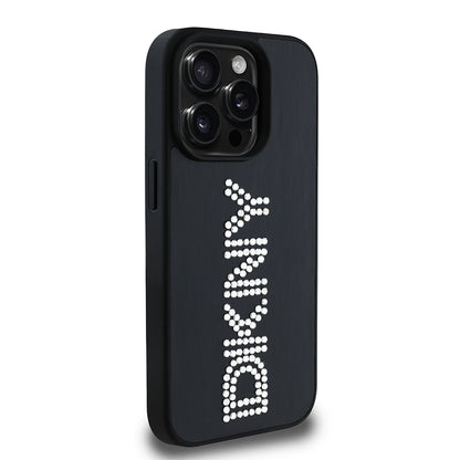 Apple iPhone 15 Pro Max Kılıf DKNY Orjinal Lisanslı Taşlı DKNY Yazılı Metalik Rhinestones PU Deri Kapak Kahverengi