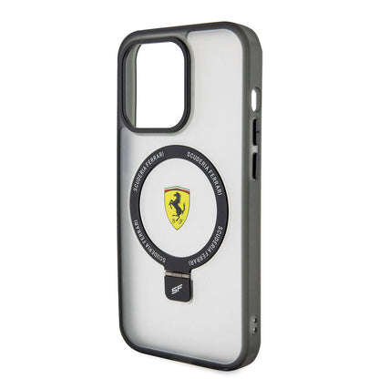Apple iPhone 15 Pro Max Kılıf Ferrari M-safe Şarj Özellikli Standlı Buzlu Yüzey Dizayn Kapak Siyah