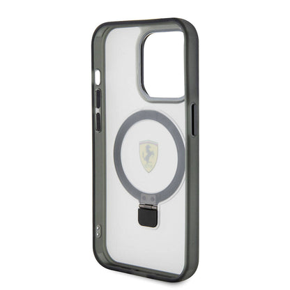 Apple iPhone 15 Pro Max Kılıf Ferrari M-safe Şarj Özellikli Standlı Buzlu Yüzey Dizayn Kapak Transparan Siyah
