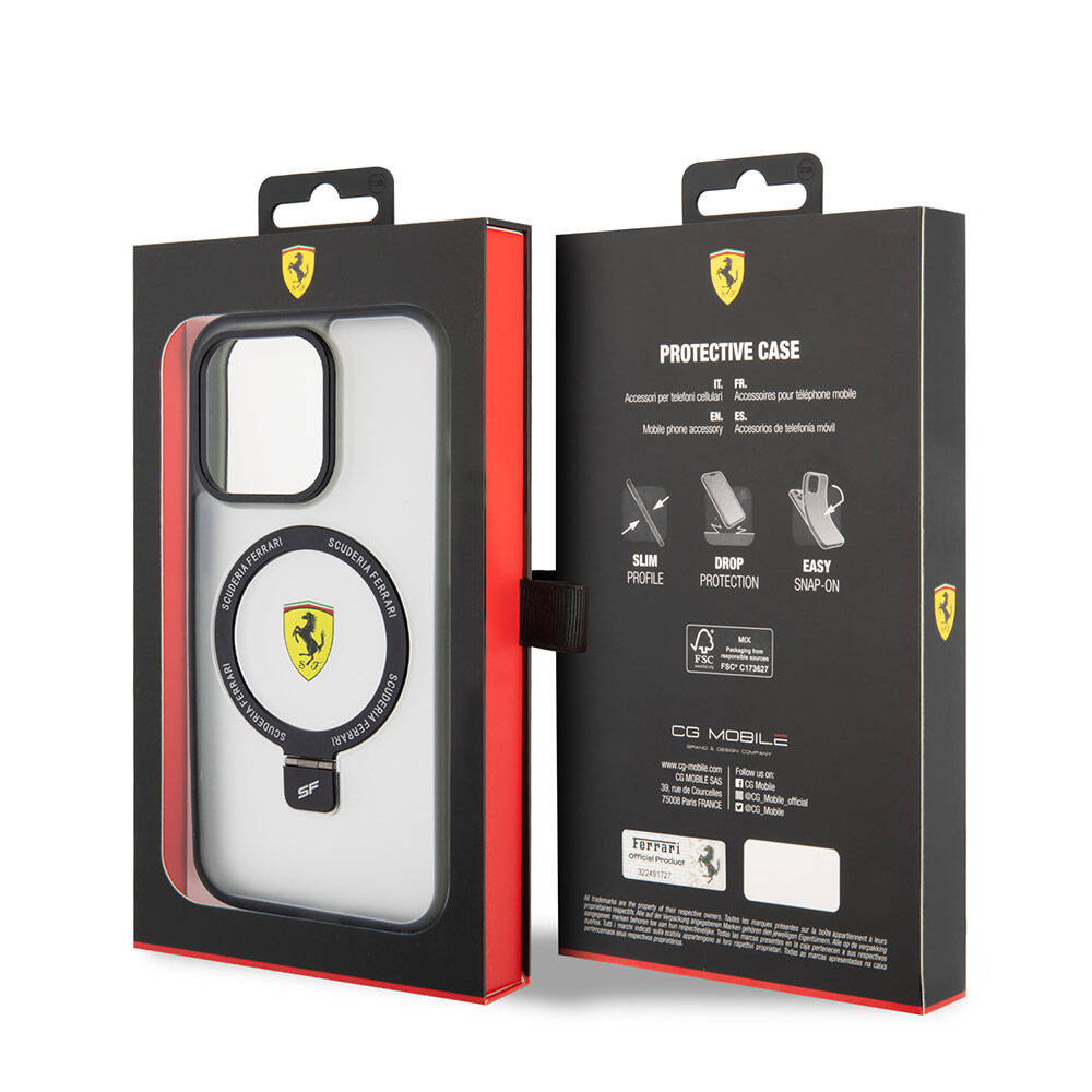 Apple iPhone 15 Pro Max Kılıf Ferrari M-safe Şarj Özellikli Standlı Buzlu Yüzey Dizayn Kapak Gümüş