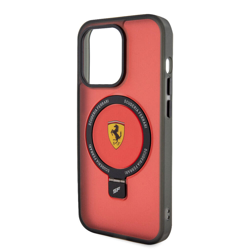 Apple iPhone 15 Pro Max Kılıf Ferrari M-safe Şarj Özellikli Standlı Buzlu Yüzey Dizayn Kapak Kırmızı