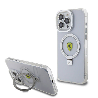 Apple iPhone 15 Pro Max Kılıf Ferrari M-safe Şarj Özellikli Standlı Buzlu Yüzey Dizayn Kapak Gümüş