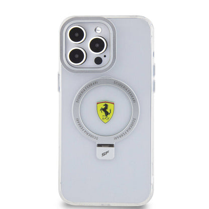 Apple iPhone 15 Pro Max Kılıf Ferrari M-safe Şarj Özellikli Standlı Buzlu Yüzey Dizayn Kapak Gümüş