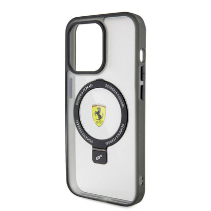 Apple iPhone 15 Pro Max Kılıf Ferrari M-safe Şarj Özellikli Standlı Buzlu Yüzey Dizayn Kapak Transparan Siyah