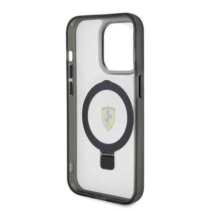 Apple iPhone 15 Pro Max Kılıf Ferrari M-safe Şarj Özellikli Standlı Buzlu Yüzey Dizayn Kapak Transparan Siyah