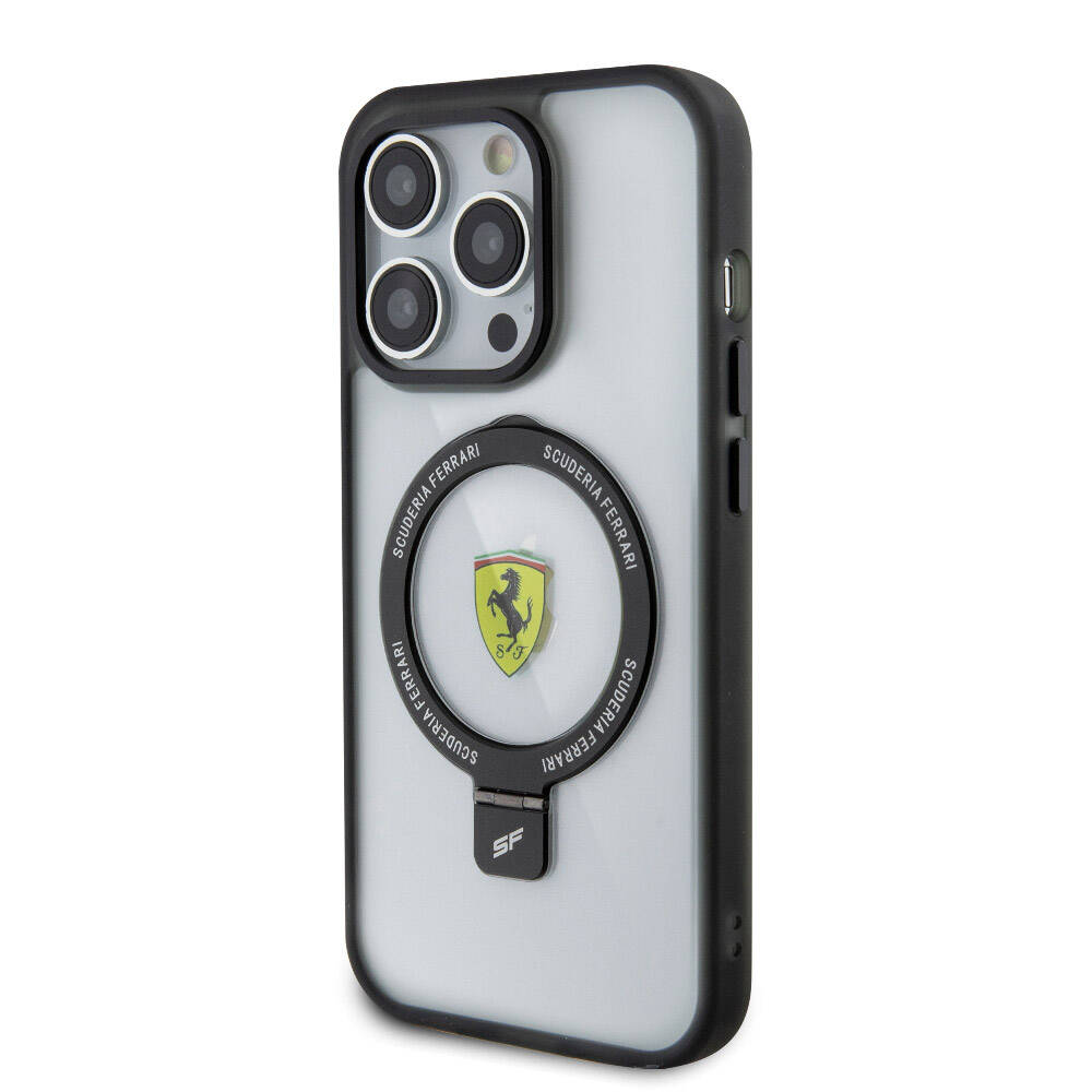Apple iPhone 15 Pro Max Kılıf Ferrari M-safe Şarj Özellikli Standlı Buzlu Yüzey Dizayn Kapak Kırmızı