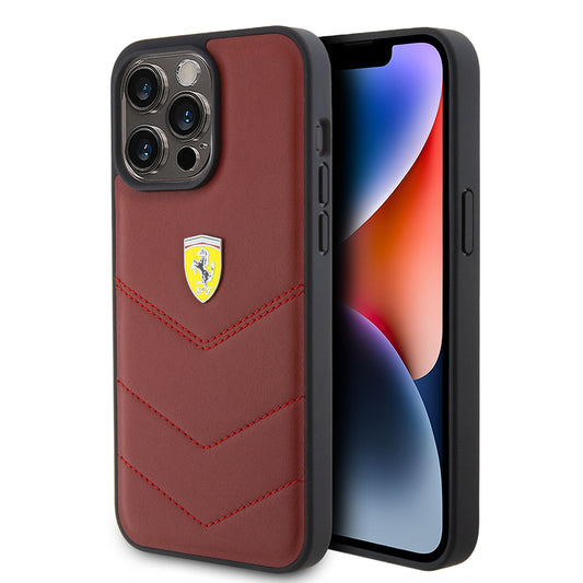 Apple iPhone 15 Pro Max Kılıf Ferrari Orjinal Lisanslı Deri Dikişli Arka Yüzey Metal Logo Tasarımlı Kapak Kırmızı