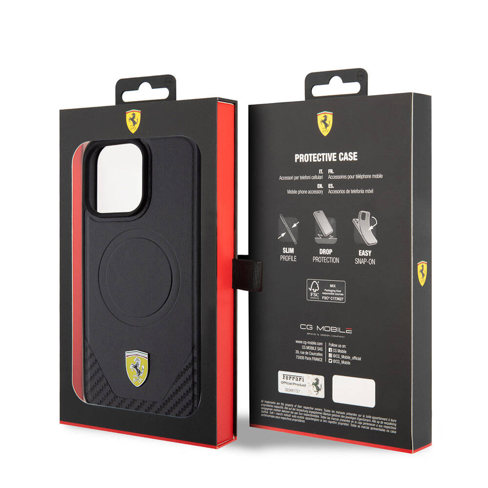 Apple iPhone 15 Pro Max Kılıf Ferrari Orjinal Lisanslı M-safe Şarj Özellikli Metal Logolu PU Karbon Kapak Kırmızı