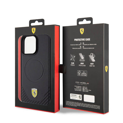 Apple iPhone 15 Pro Max Kılıf Ferrari Orjinal Lisanslı M-safe Şarj Özellikli Metal Logolu PU Karbon Kapak Kırmızı