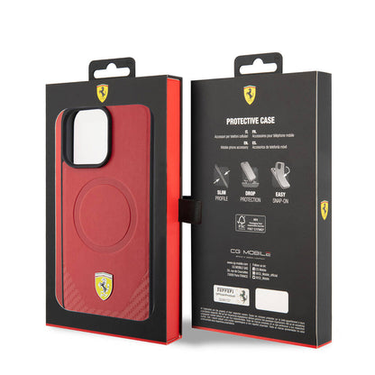 Apple iPhone 15 Pro Max Kılıf Ferrari Orjinal Lisanslı M-safe Şarj Özellikli Metal Logolu PU Karbon Kapak Siyah