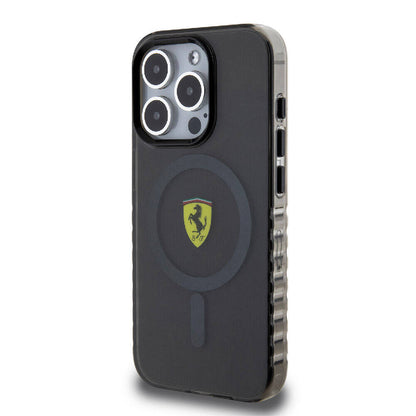 Apple iPhone 15 Pro Max Kılıf Ferrari Orjinal Lisanslı M-safe Şarj Özellikli Tırtıklı Kenar Tasarımlı Ortalanmış Logo Kapak Renksiz