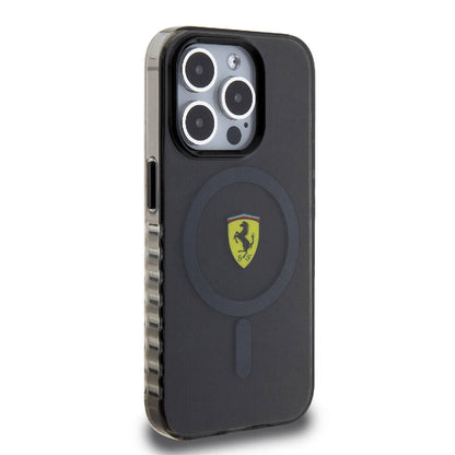 Apple iPhone 15 Pro Max Kılıf Ferrari Orjinal Lisanslı M-safe Şarj Özellikli Tırtıklı Kenar Tasarımlı Ortalanmış Logo Kapak Renksiz