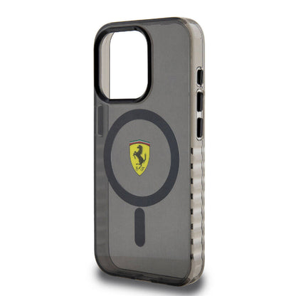 Apple iPhone 15 Pro Max Kılıf Ferrari Orjinal Lisanslı M-safe Şarj Özellikli Tırtıklı Kenar Tasarımlı Ortalanmış Logo Kapak Renksiz