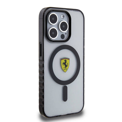 Apple iPhone 15 Pro Max Kılıf Ferrari Orjinal Lisanslı M-safe Şarj Özellikli Tırtıklı Kenar Tasarımlı Ortalanmış Logo Kapak Renksiz