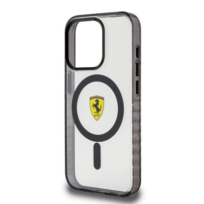 Apple iPhone 15 Pro Max Kılıf Ferrari Orjinal Lisanslı M-safe Şarj Özellikli Tırtıklı Kenar Tasarımlı Ortalanmış Logo Kapak Renksiz