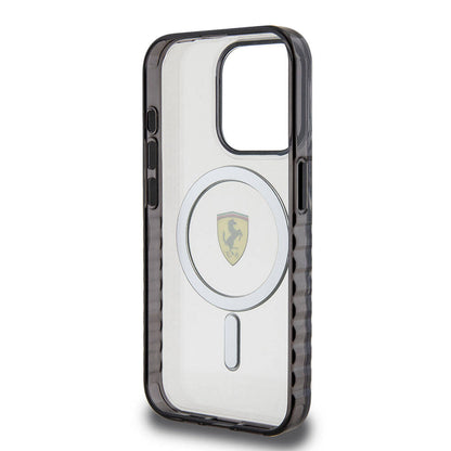 Apple iPhone 15 Pro Max Kılıf Ferrari Orjinal Lisanslı M-safe Şarj Özellikli Tırtıklı Kenar Tasarımlı Ortalanmış Logo Kapak Renksiz