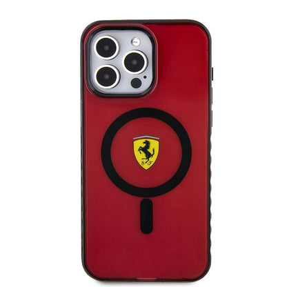 Apple iPhone 15 Pro Max Kılıf Ferrari Orjinal Lisanslı M-safe Şarj Özellikli Tırtıklı Kenar Tasarımlı Ortalanmış Logo Kapak Renksiz