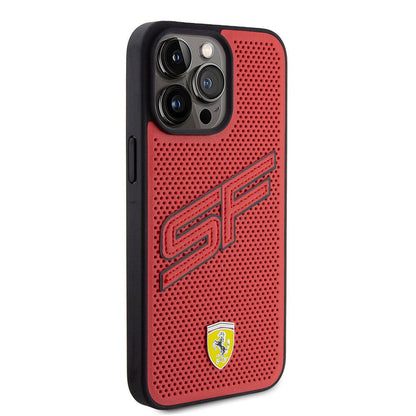 Apple iPhone 15 Pro Max Kılıf Ferrari Orjinal Lisanslı PU Delikli Arka Yüzey Metal Logolu Dikişli Büyük SF Yazılı Kapak Siyah