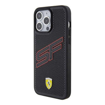 Apple iPhone 15 Pro Max Kılıf Ferrari Orjinal Lisanslı PU Delikli Arka Yüzey Metal Logolu Dikişli Büyük SF Yazılı Kapak Siyah