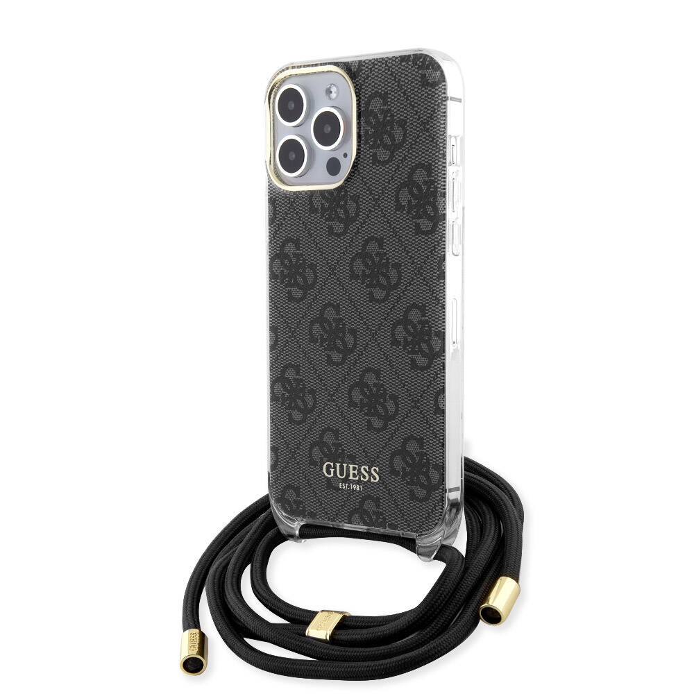 Apple iPhone 15 Pro Max Case Guess Original Licensed Cross Lanyard 4G Patterned Cover Black