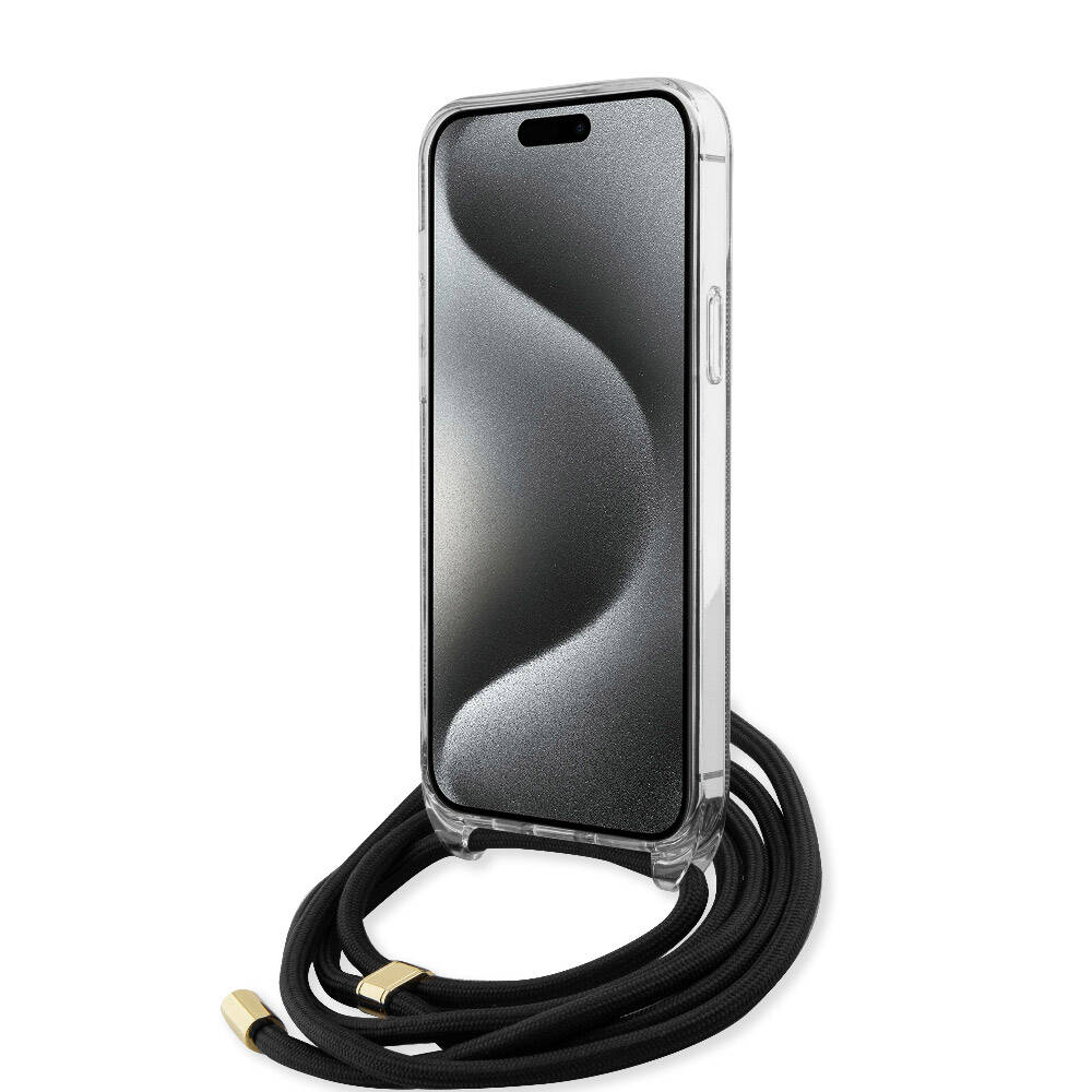 Apple iPhone 15 Pro Max Case Guess Original Licensed Cross Lanyard 4G Patterned Cover Black