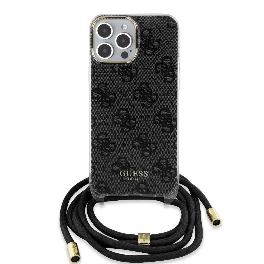 Apple iPhone 15 Pro Max Case Guess Original Licensed Cross Lanyard 4G Patterned Cover Black
