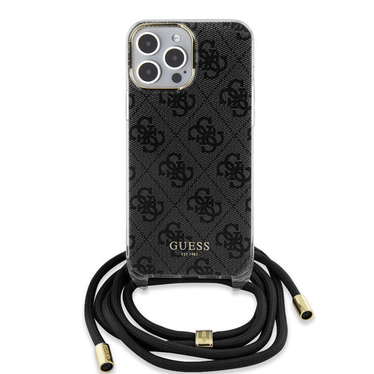 Apple iPhone 15 Pro Max Case Guess Original Licensed Cross Lanyard 4G Patterned Cover Black
