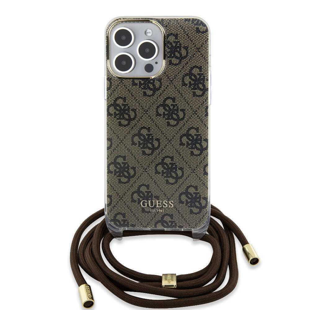 Apple iPhone 15 Pro Max Case Guess Original Licensed Cross Strap 4G Patterned Cover Brown