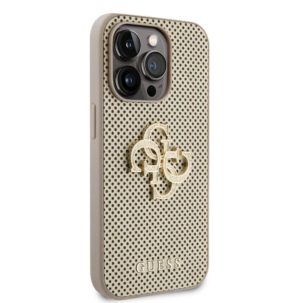 Apple iPhone 15 Pro Max Case Guess Original Licensed Perforated Text and 4G Glitter Large Metal Logo Cover Brown