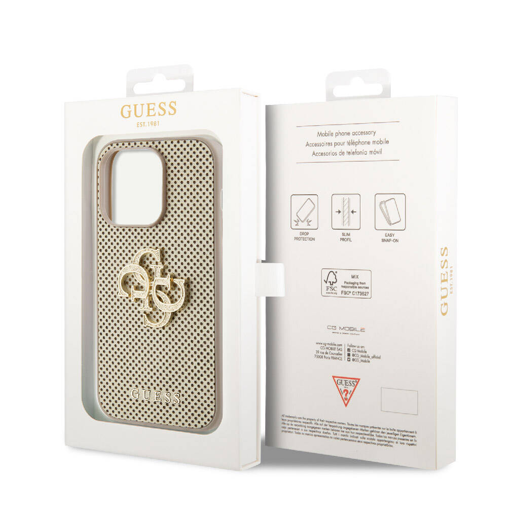 Apple iPhone 15 Pro Max Case Guess Original Licensed Perforated Text and 4G Glitter Large Metal Logo Cover Black
