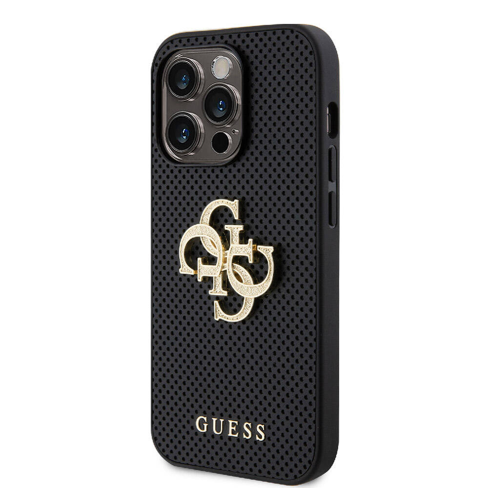 Apple iPhone 15 Pro Max Case Guess Original Licensed Perforated Text and 4G Glitter Large Metal Logo Cover Brown