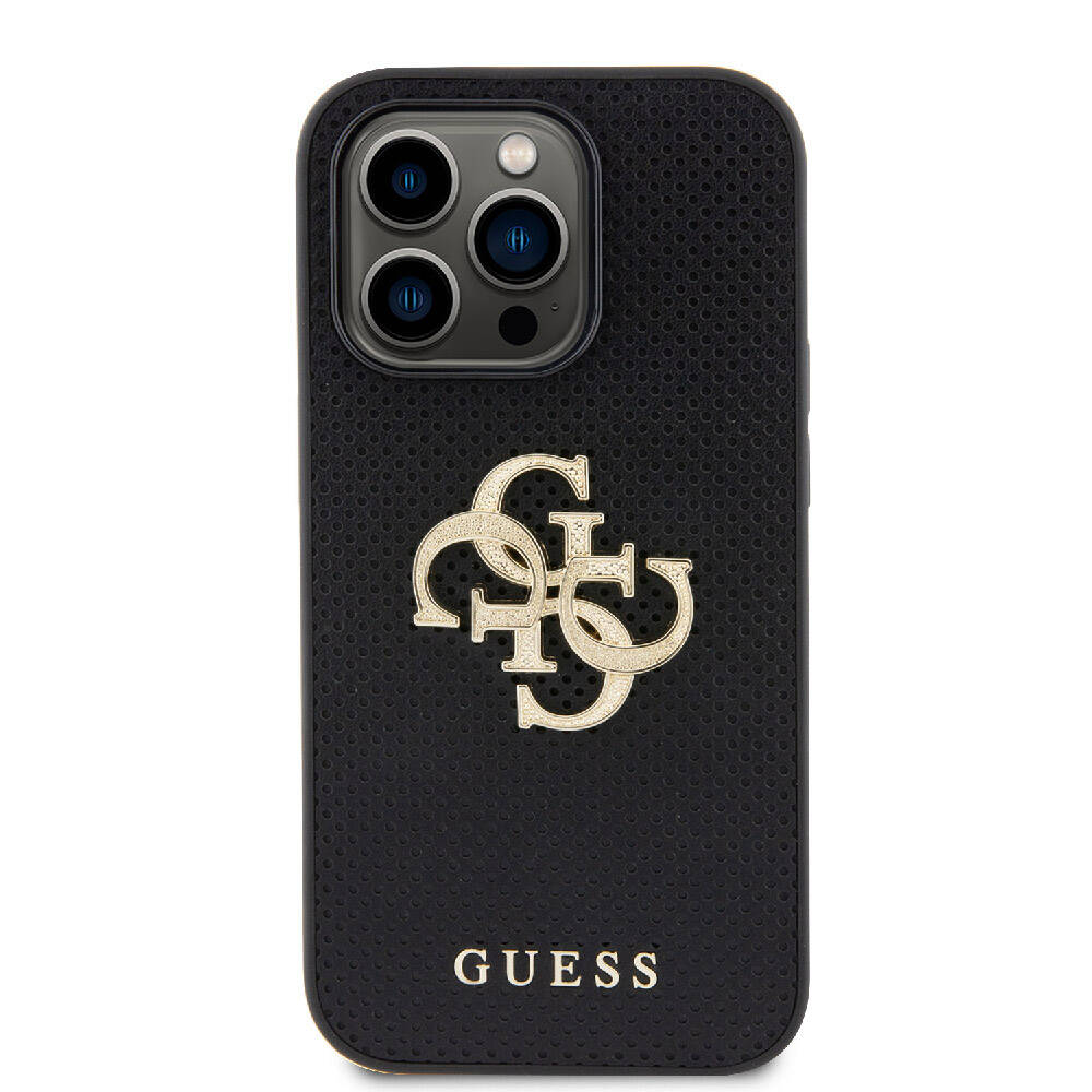Apple iPhone 15 Pro Max Case Guess Original Licensed Perforated Text and 4G Glitter Large Metal Logo Cover Black