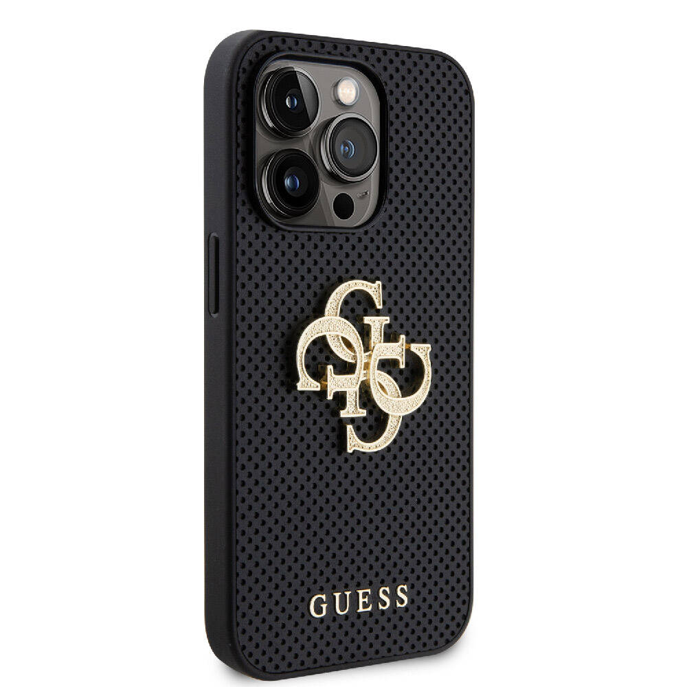 Apple iPhone 15 Pro Max Case Guess Original Licensed Perforated Text and 4G Glitter Large Metal Logo Cover Black