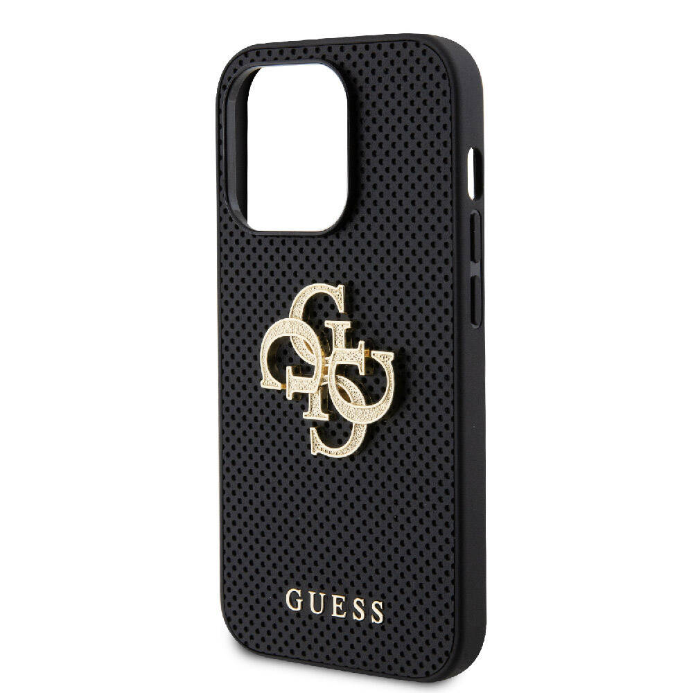 Apple iPhone 15 Pro Max Case Guess Original Licensed Perforated Text and 4G Glitter Large Metal Logo Cover Brown