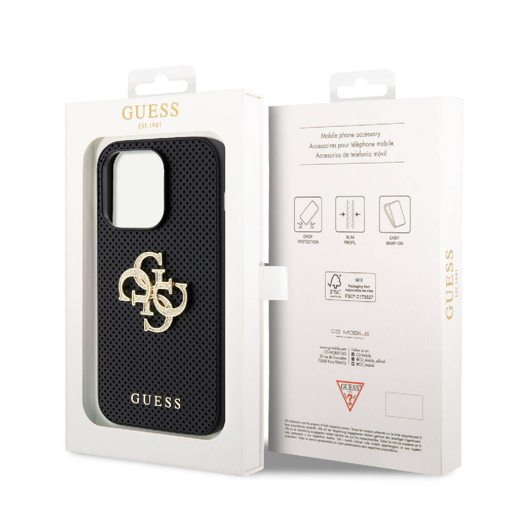 Apple iPhone 15 Pro Max Case Guess Original Licensed Perforated Text and 4G Glitter Large Metal Logo Cover Brown