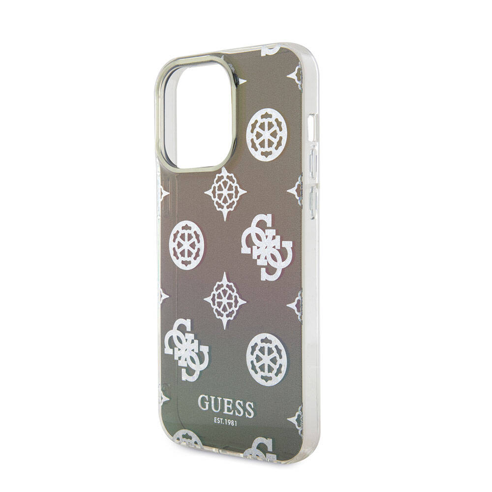 Apple iPhone 15 Pro Max Case Guess Original Licensed Patterned Text Logo Strap Holographic Glitter Peony Cover Pink
